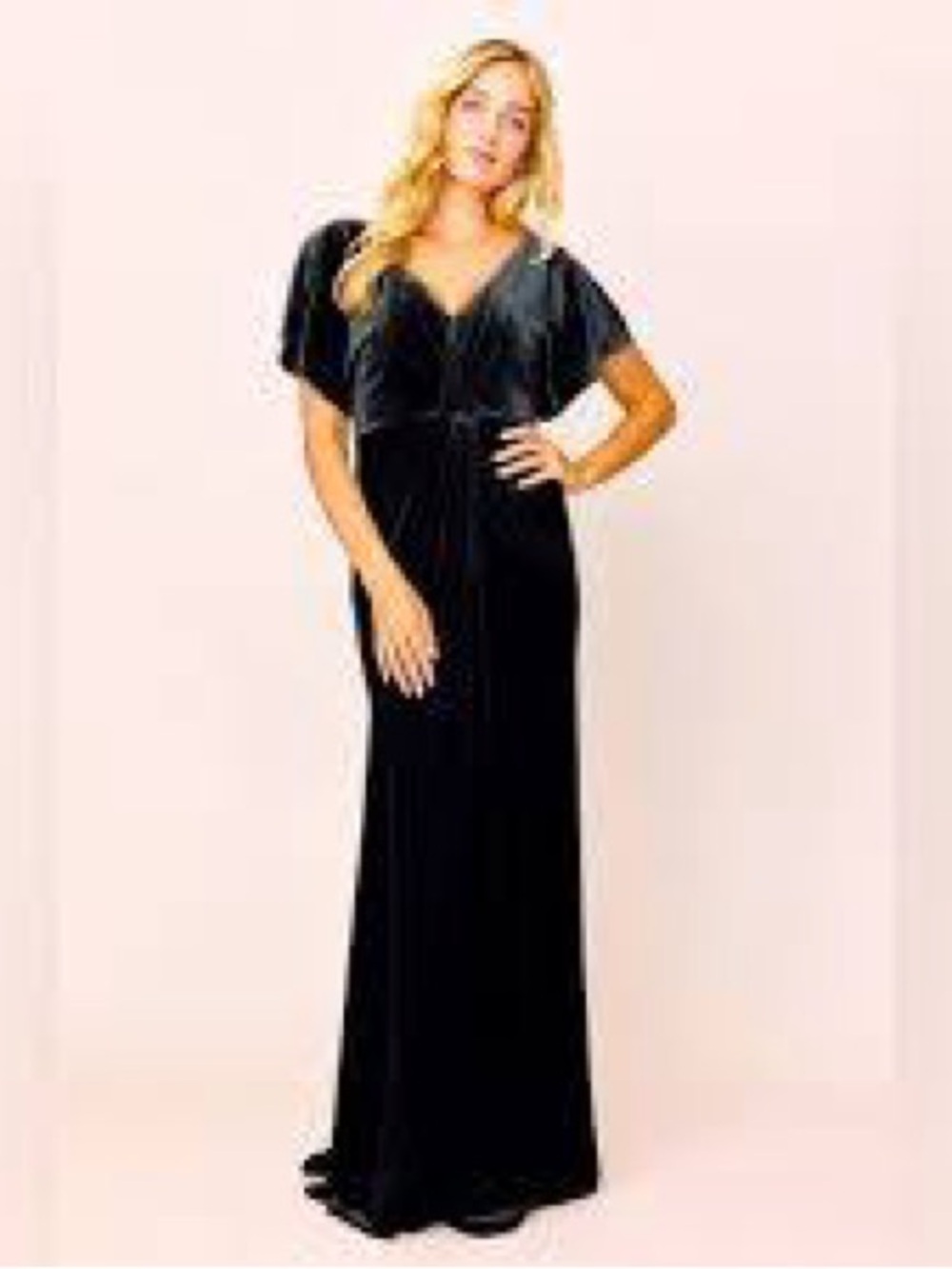 Gwen Black Velvet V-Neck Black Maxi Dress Flutter Sleeves Formal Evening Bridal